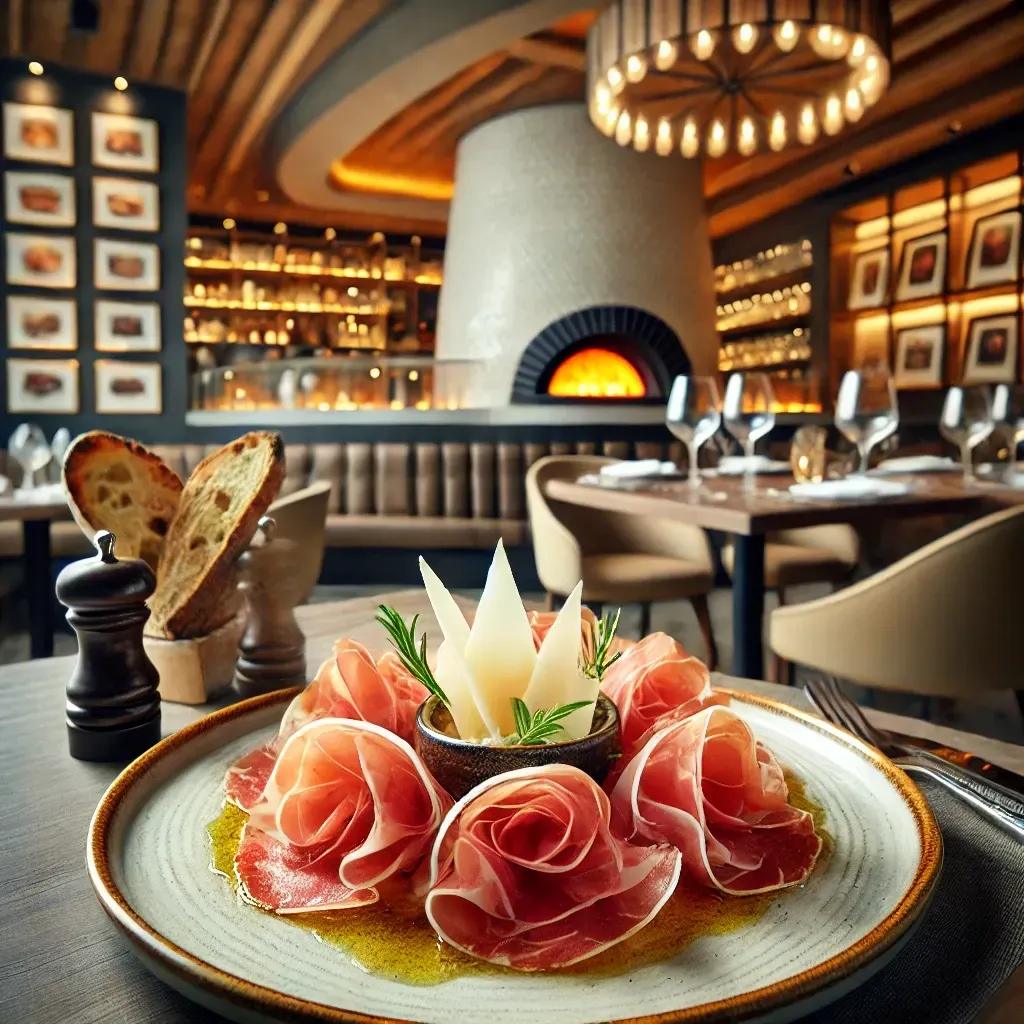 Un piatto di cibo in un ristorante con un forno per pizza sullo sfondo