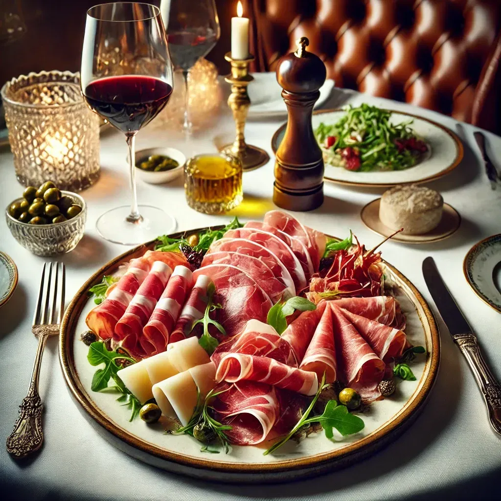 Un piatto di carne e formaggio su un tavolo con bicchieri da vino