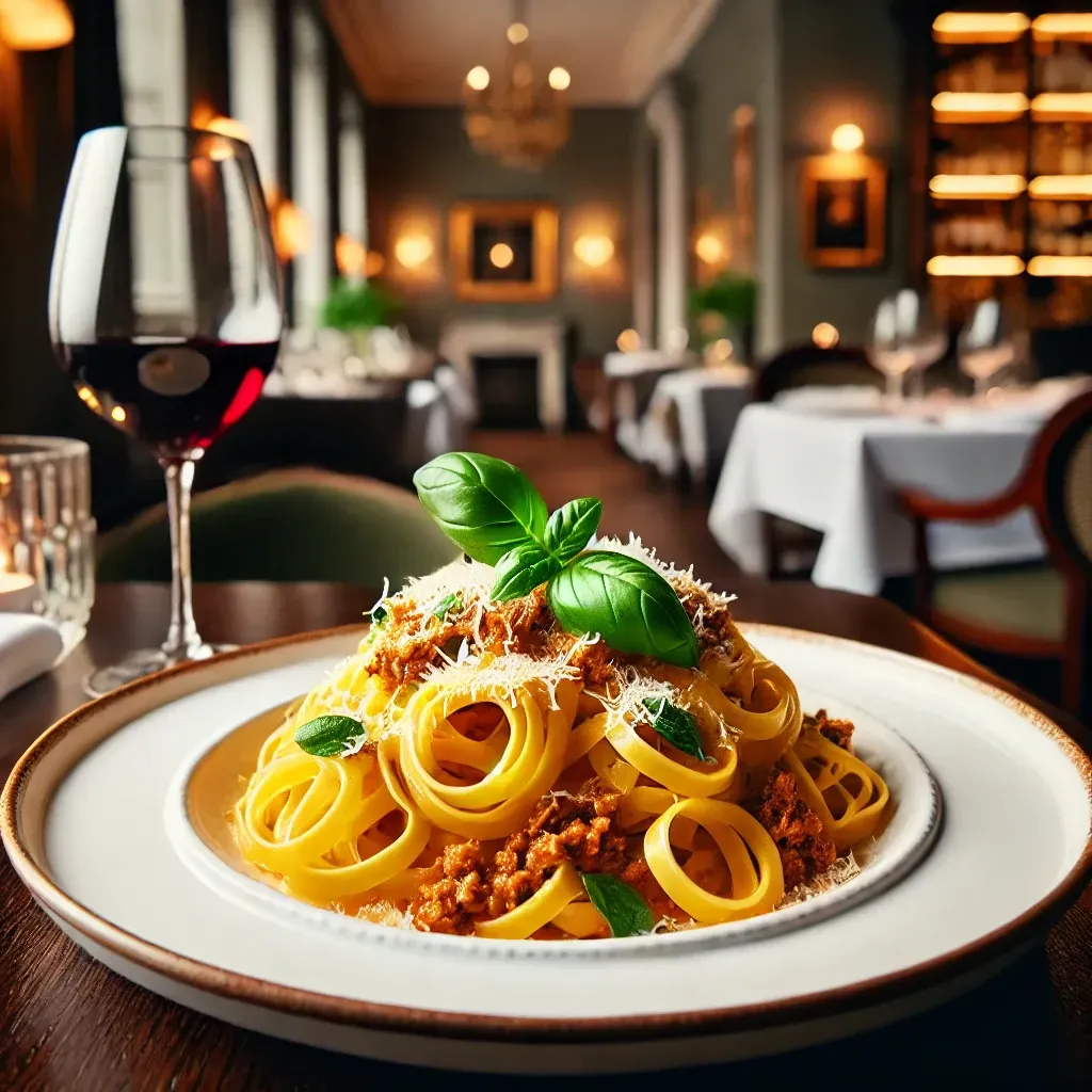 Un piatto di spaghetti al sugo di carne e un bicchiere di vino su un tavolo di un ristorante.
