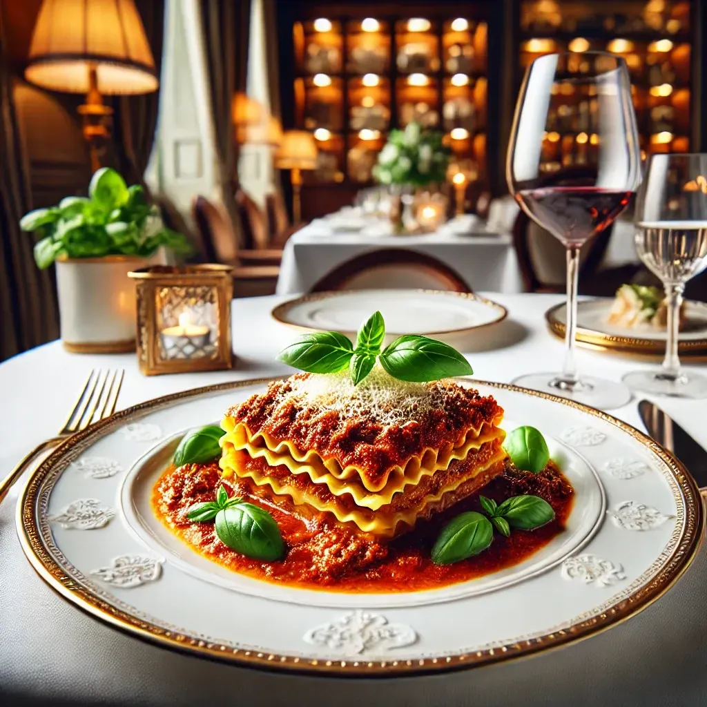 Un piatto di lasagne con un bicchiere di vino su un tavolo.