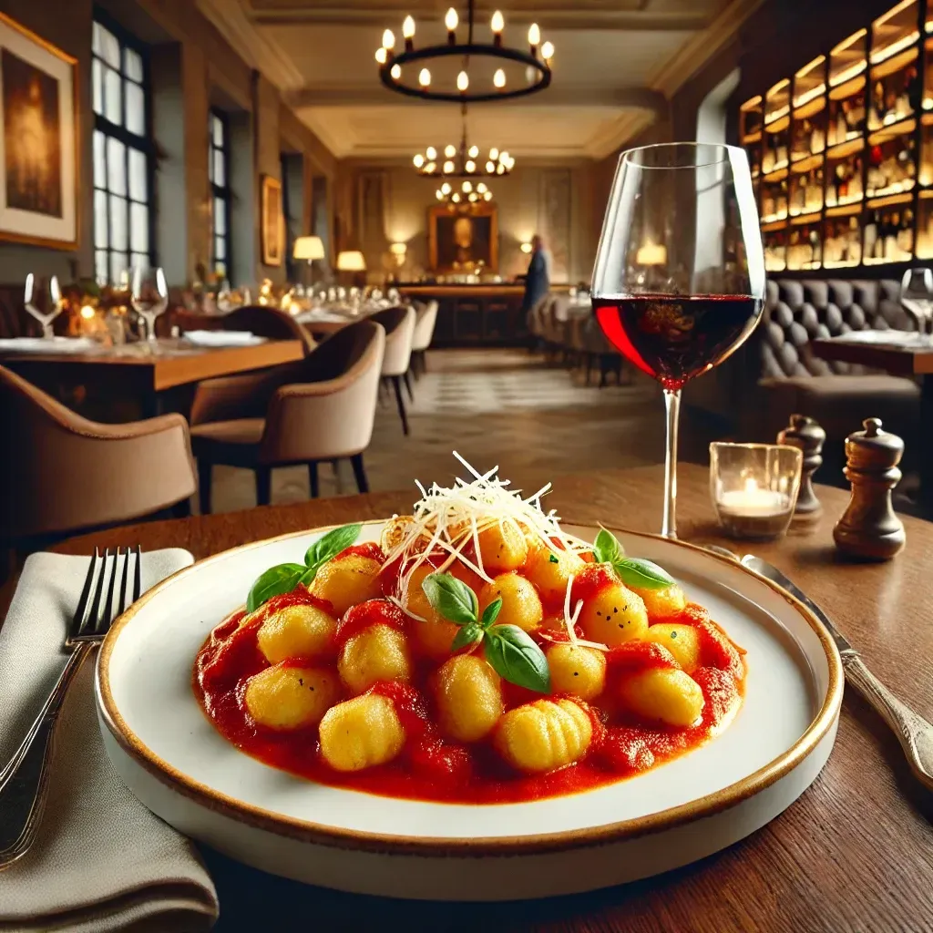 Un piatto di gnocchi al sugo di pomodoro e un bicchiere di vino
