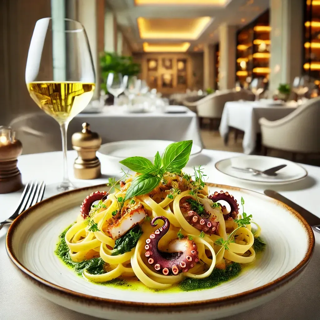 Un piatto di pasta con polpo e pesto accanto a un bicchiere di vino