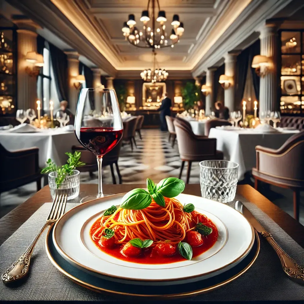Un piatto di spaghetti è sul tavolo di un ristorante