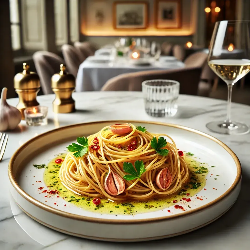 Un piatto di spaghetti su un tavolo accanto a un bicchiere di vino