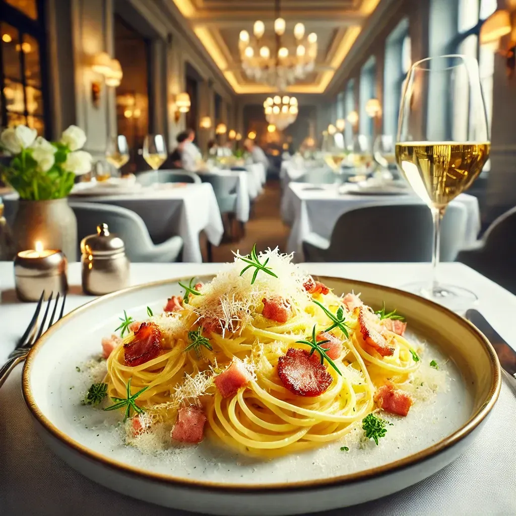 Un piatto di spaghetti con pancetta e formaggio su un tavolo in un ristorante.