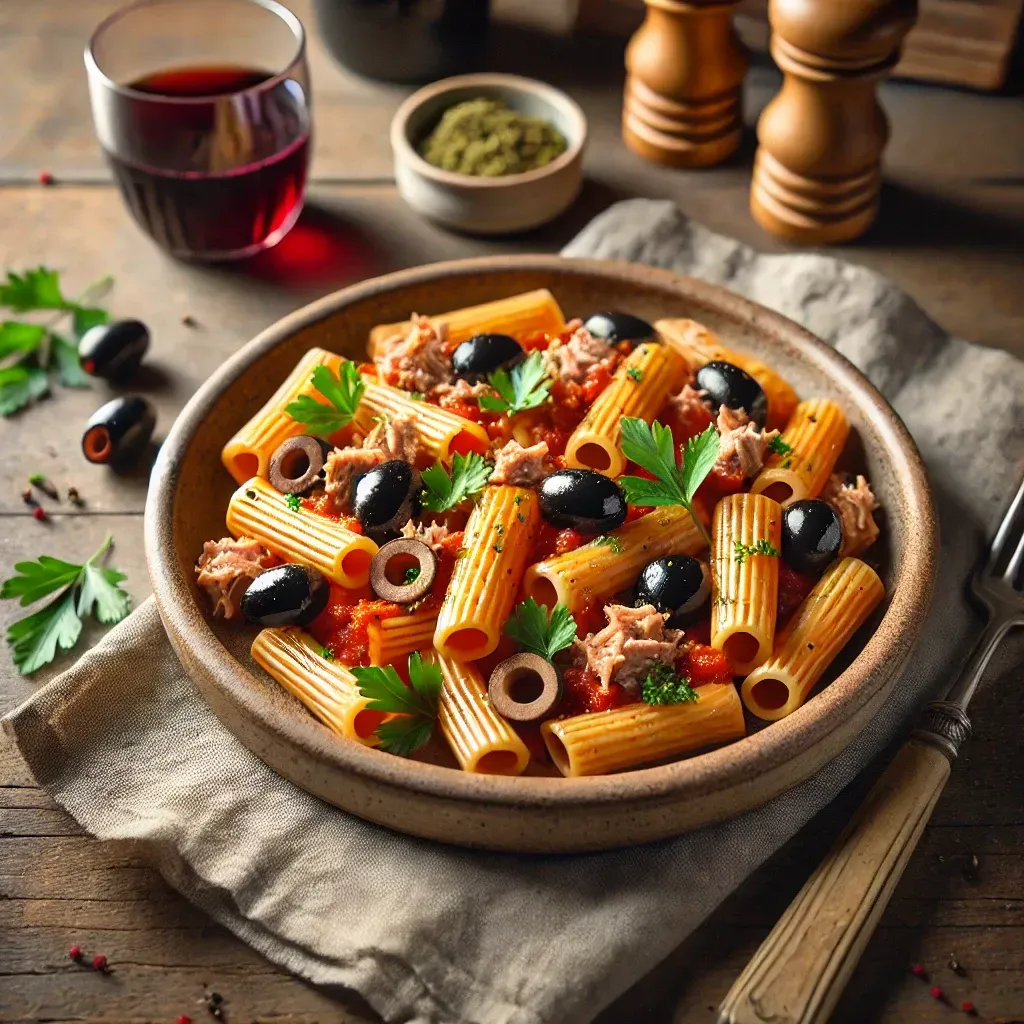 Una ciotola di pasta con tonno, olive, pomodori e prezzemolo su un tavolo di legno.