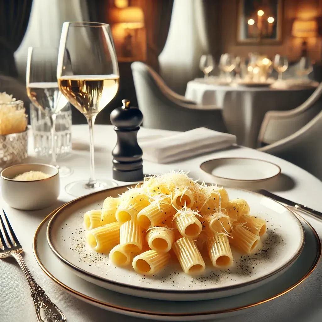 Un piatto di pasta e un bicchiere di vino su un tavolo
