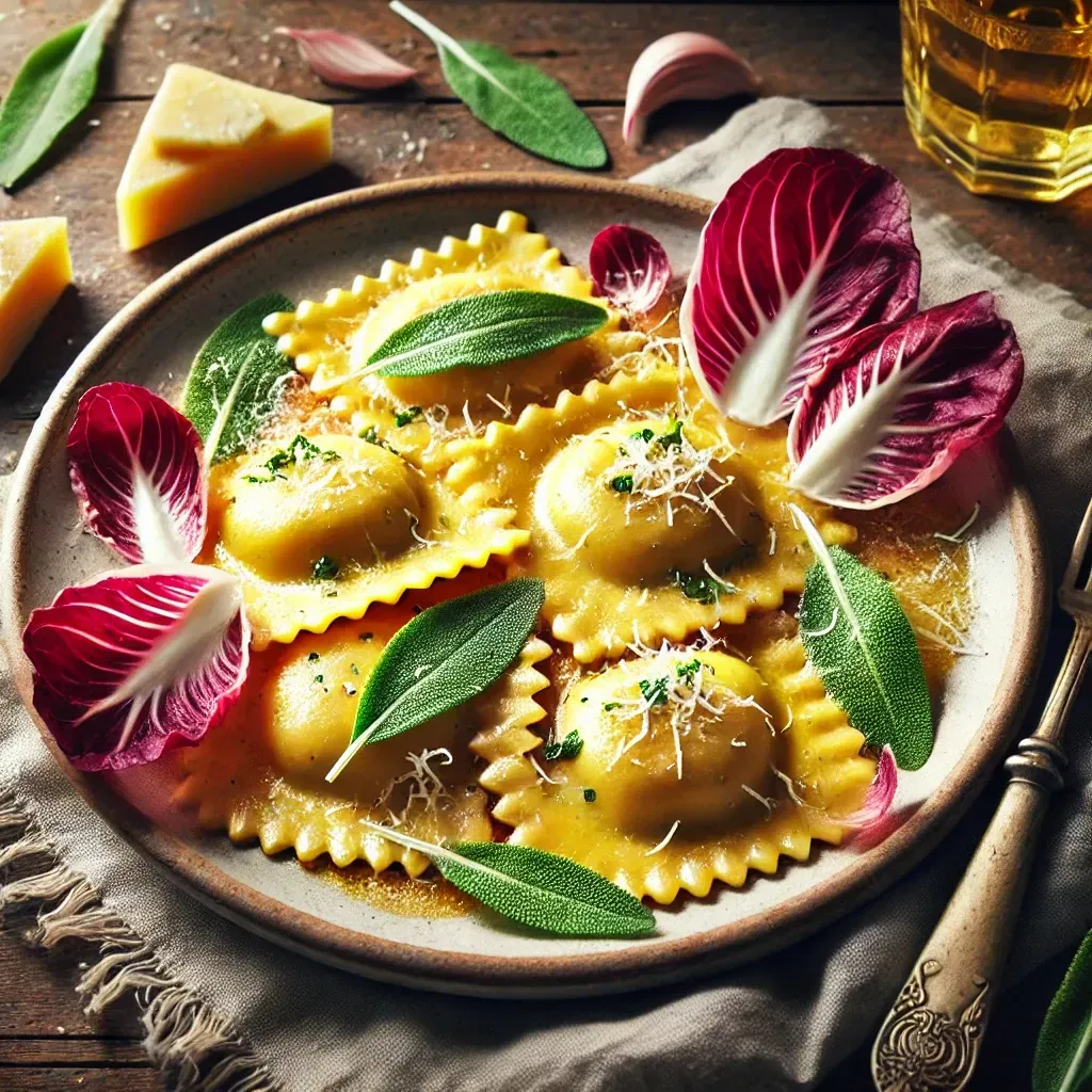 Un piatto di ravioli con salvia e lattuga su un tavolo di legno.