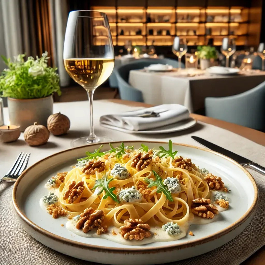 Un piatto di pasta con noci e un bicchiere di vino su un tavolo.
