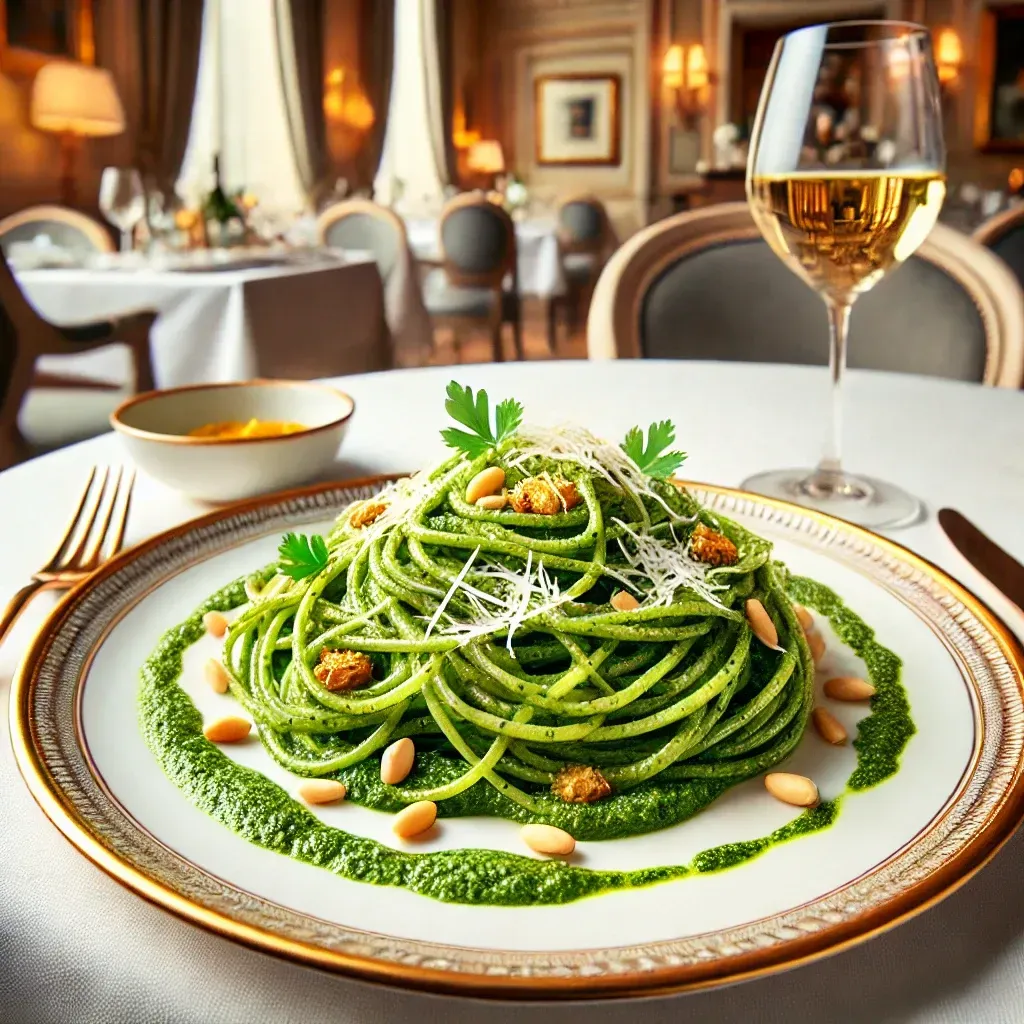 Un piatto di spaghetti al pesto e pinoli accanto a un bicchiere di vino