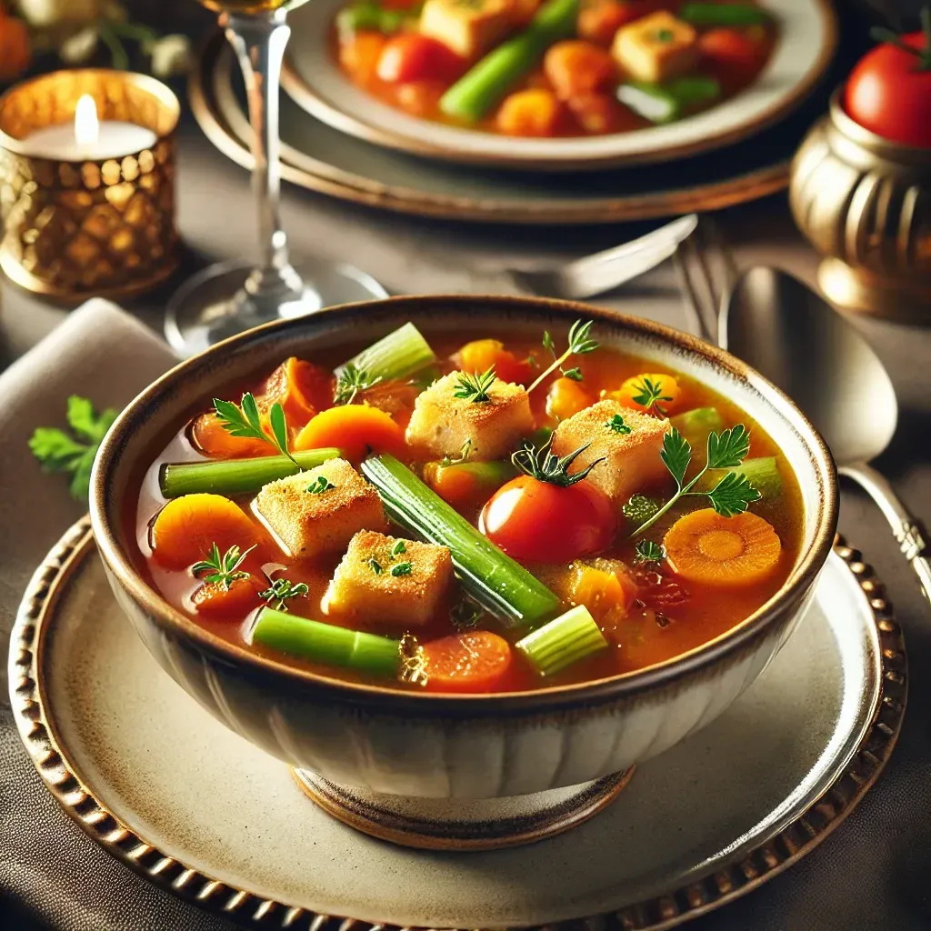 Una ciotola di zuppa con carote sedano e pomodori