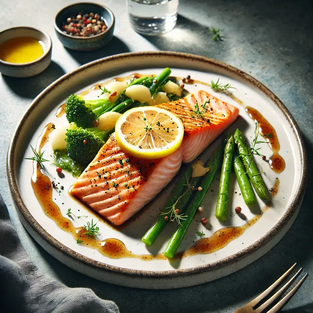 Un piatto bianco condito con salmone, asparagi e broccoli