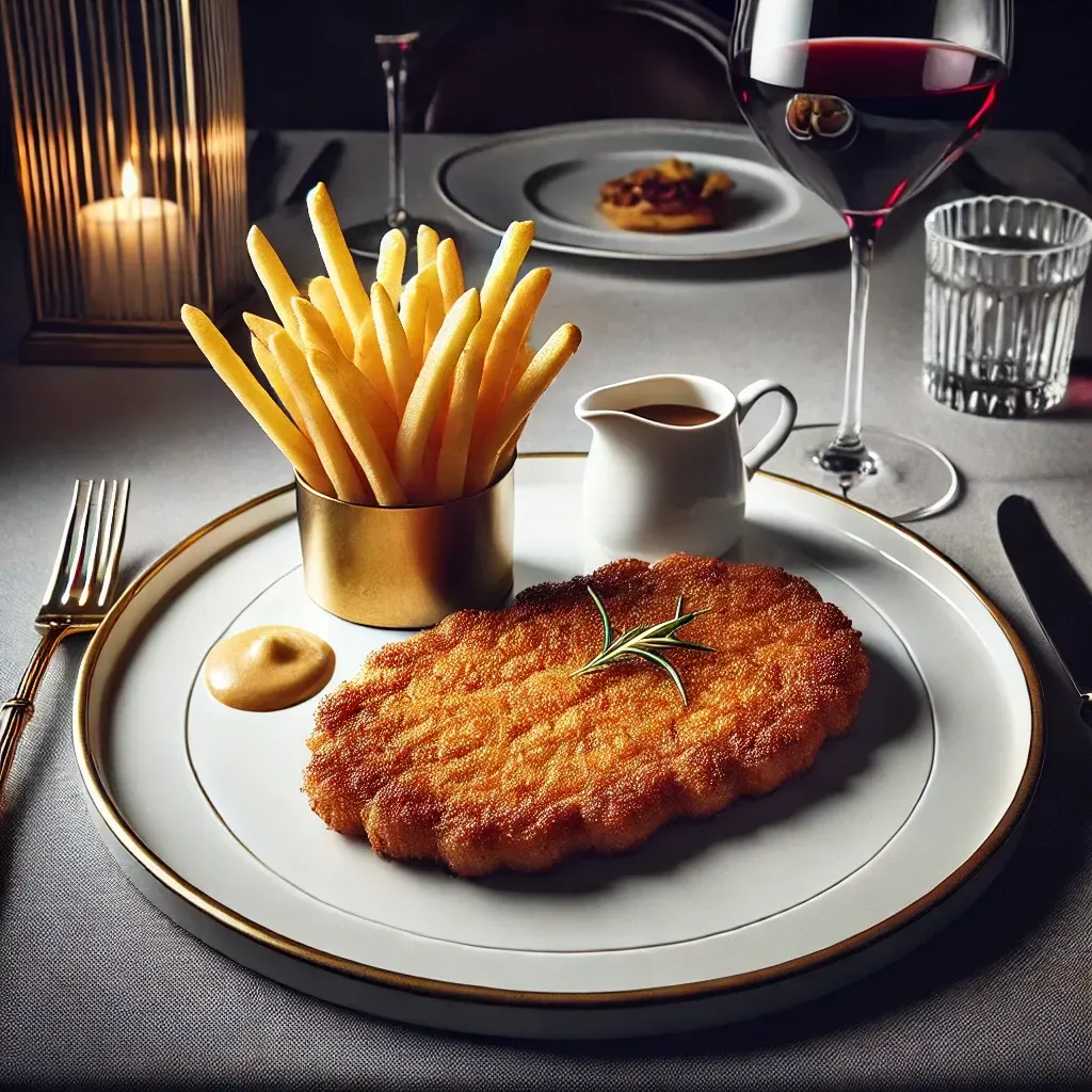 Un piatto di cibo con una bistecca e patatine fritte sopra