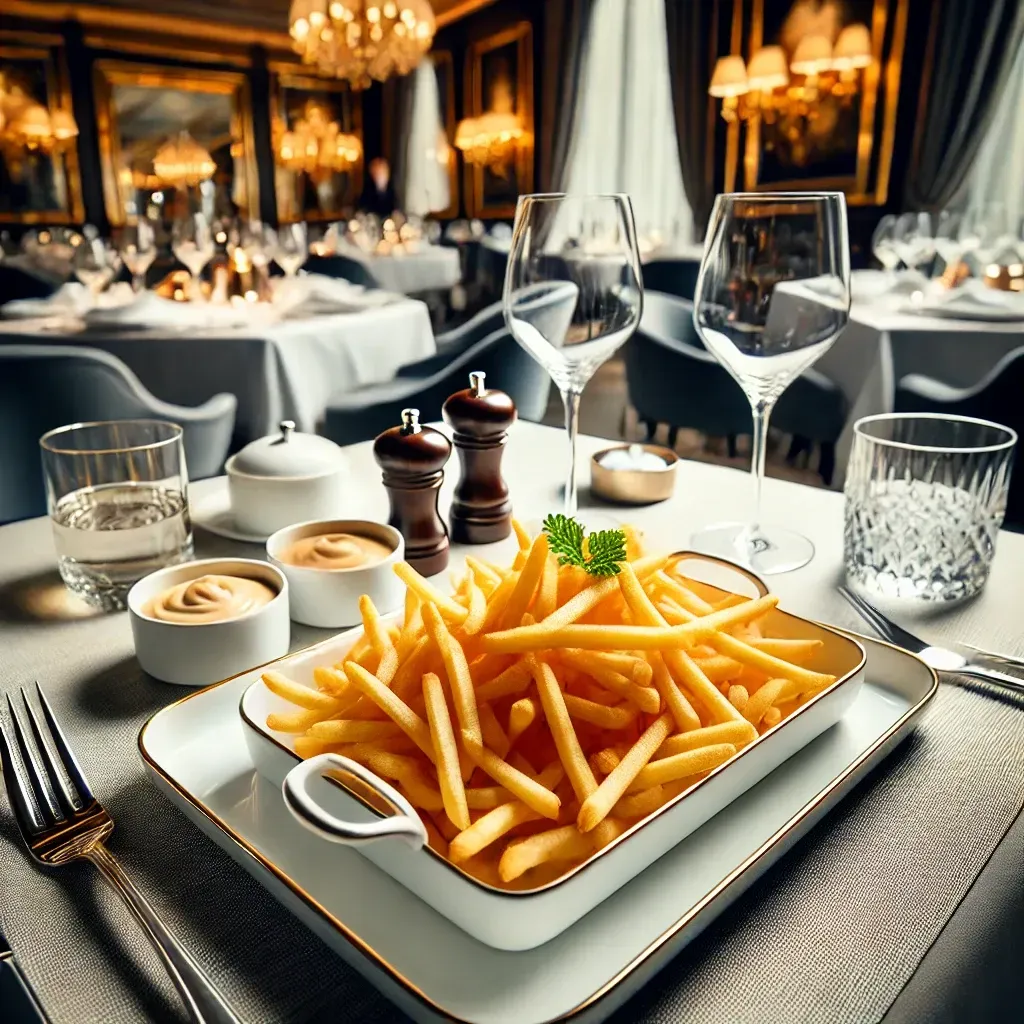 Un piatto di patatine fritte è sul tavolo di un ristorante.