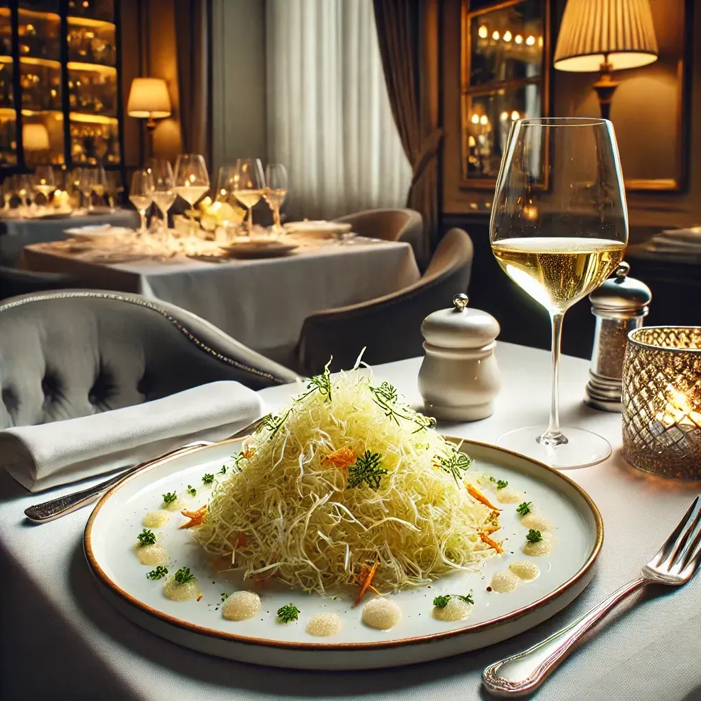 Un piatto di cibo e un bicchiere di vino su un tavolo in un ristorante