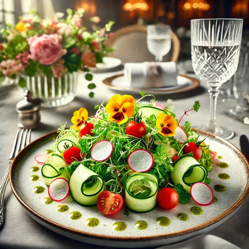 Un'insalata con pomodori, cetrioli, ravanelli e fiori su un piatto su un tavolo.