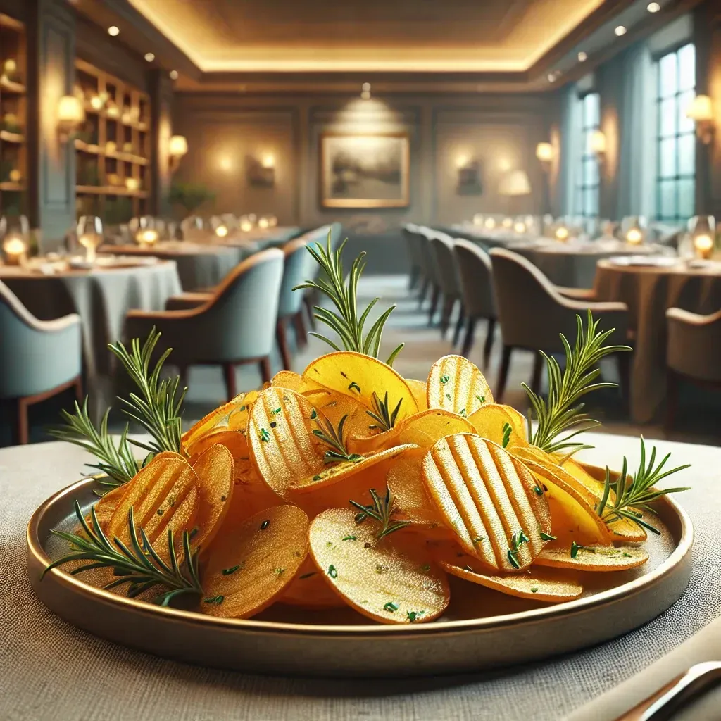 Un piatto di patatine fritte con rosmarino su un tavolo in un ristorante.