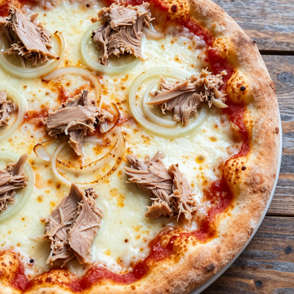 Una pizza con prosciutto, funghi e pomodori su un tagliere di legno.