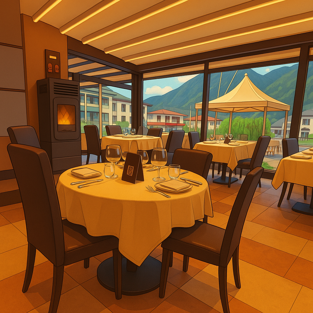 Una pixel art di un ristorante con tavoli e sedie