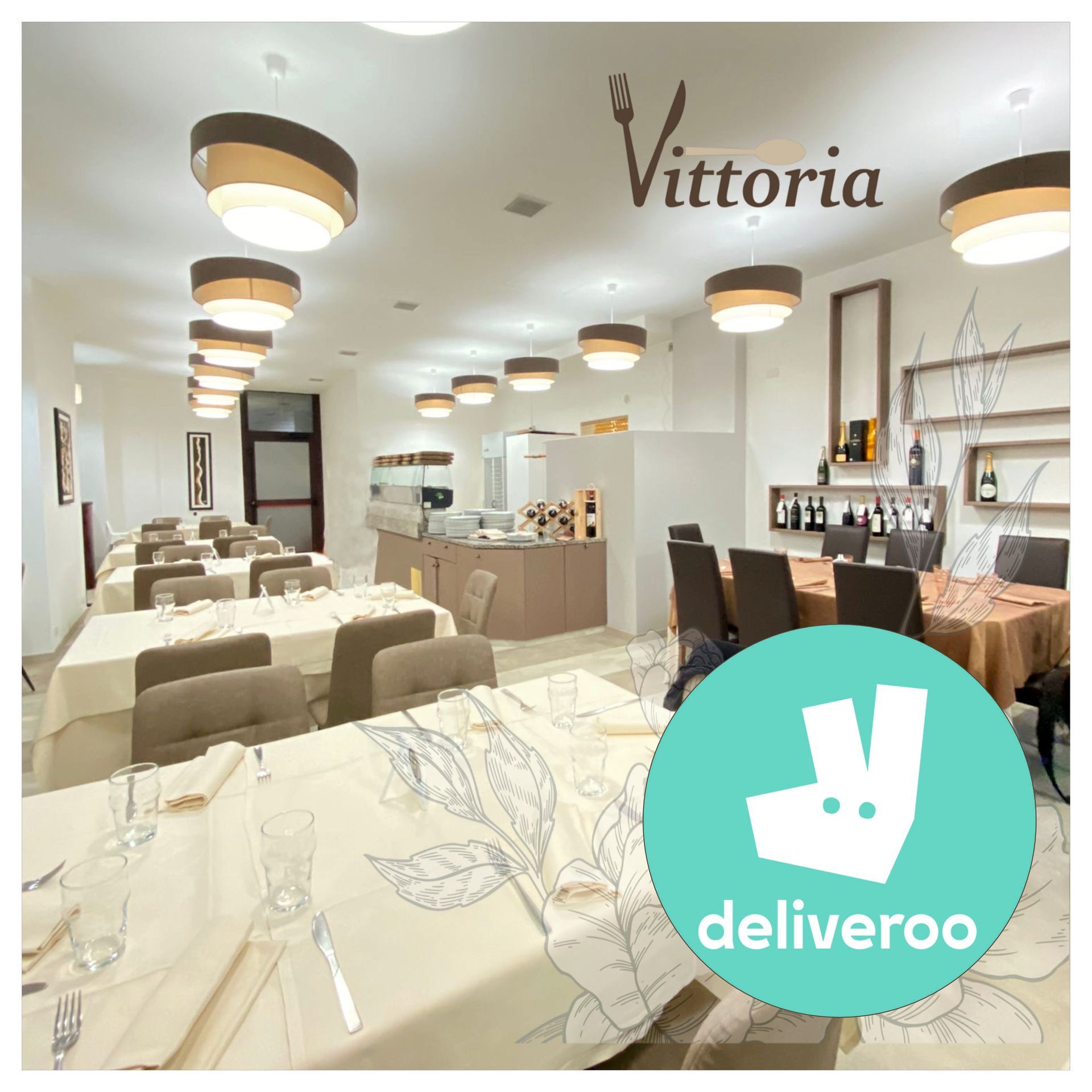 Un ristorante con tavoli e sedie e un logo deliveroo