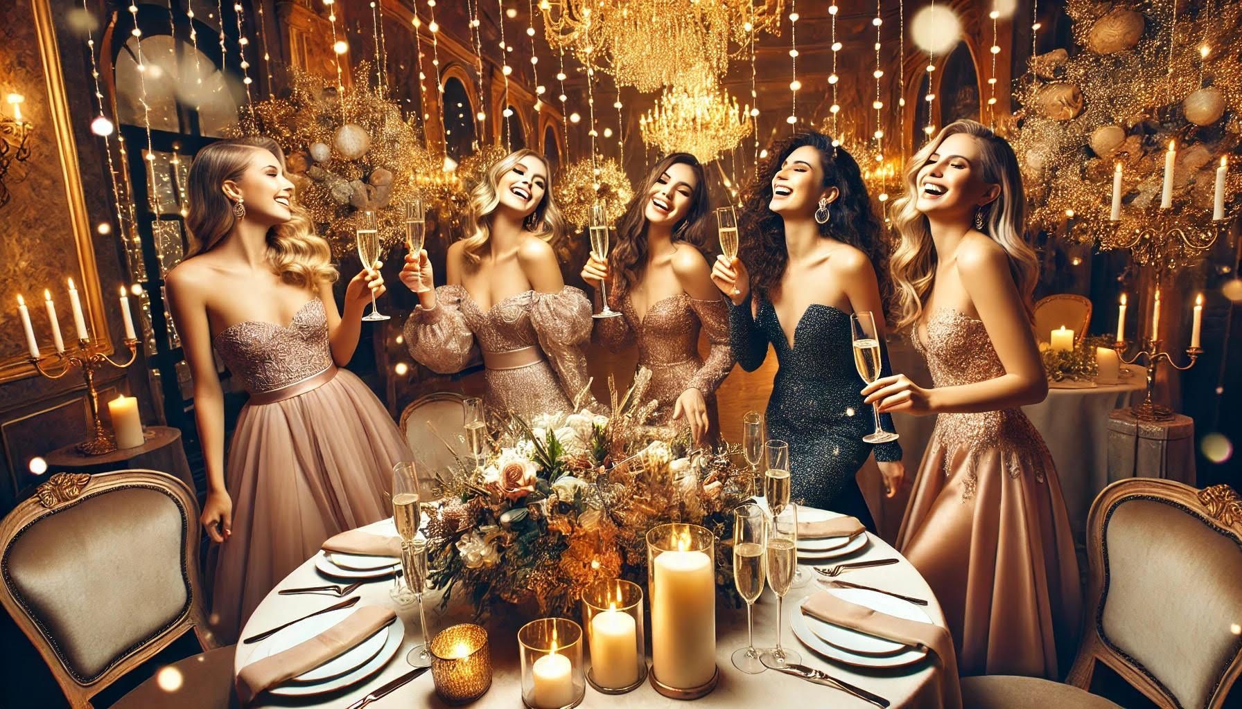 Un gruppo di donne è seduto a un tavolo e tiene in mano dei bicchieri di champagne.