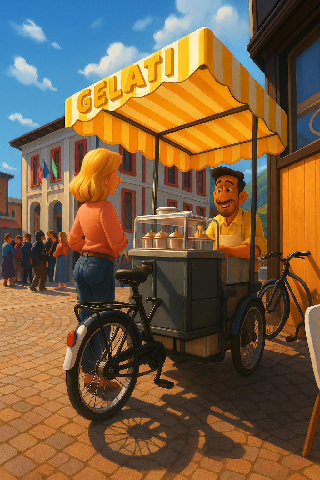 Un uomo in bicicletta vende gelati a una donna