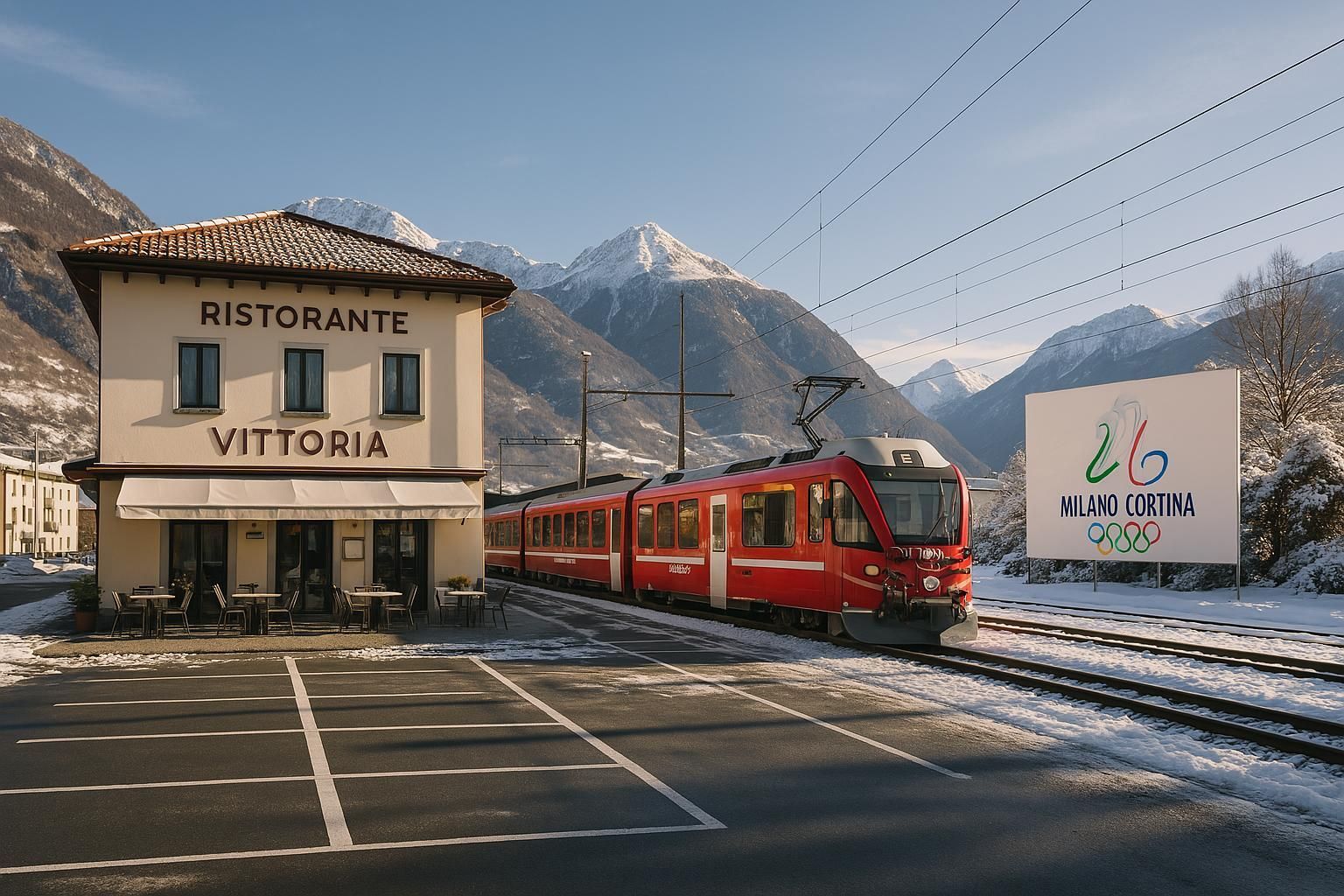 Un treno sta correndo lungo i binari accanto a un edificio con la scritta Ristorante Vittoria.