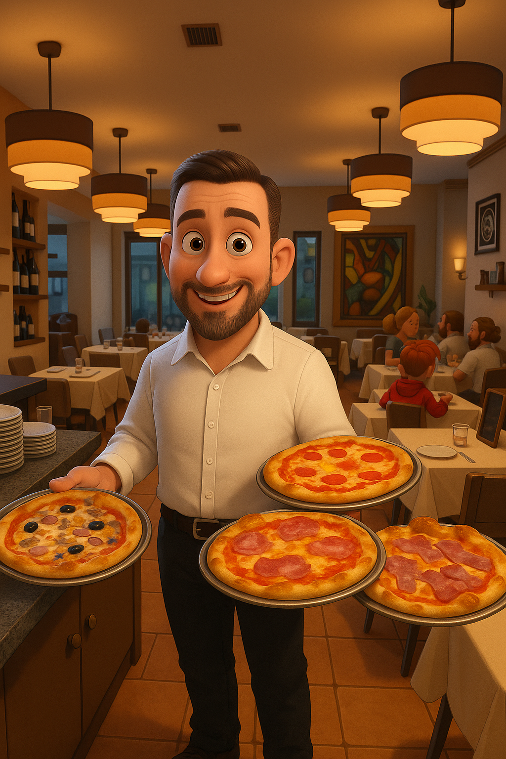 Un uomo dei cartoni animati tiene in mano tre pizze in un ristorante.