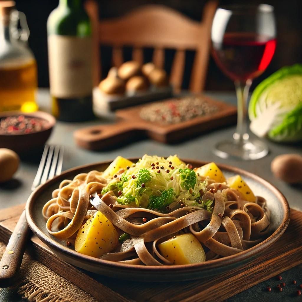 Un piatto di pasta con broccoli e patate su un tavolo con un bicchiere di vino.