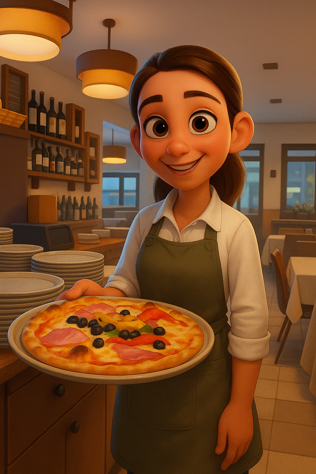 Una ragazza dei cartoni animati tiene in mano una pizza in un ristorante.