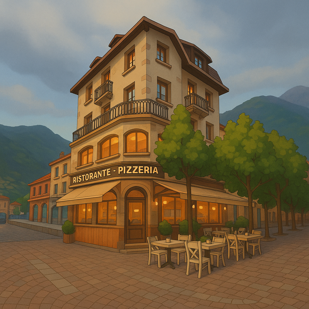 Un edificio con la scritta pizzeria sopra