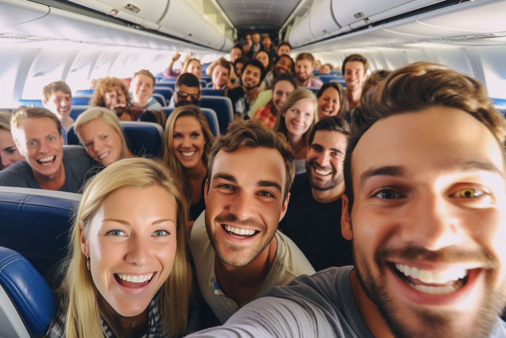 Smiling group of passengers taking a selfie on an airplane cabin