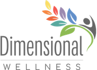 Dimensional Wellness logo: colorful leaves with person silhouette, text below.