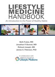 Cover of “Lifestyle Medicine Handbook” with white background, three small health photos, and author names below.