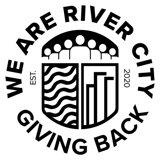 A black and white logo for we are river city giving back.
