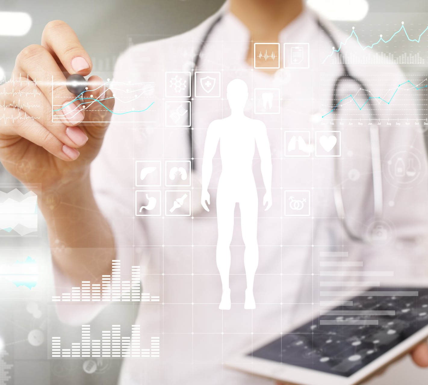 Doctor using a tablet with a digital patient interface and holographic medical icons