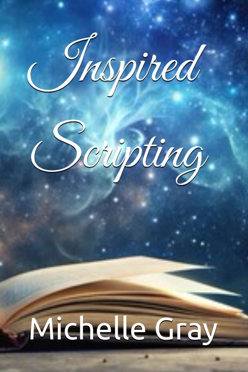 An open book sits before a blue, starry nebula background. 