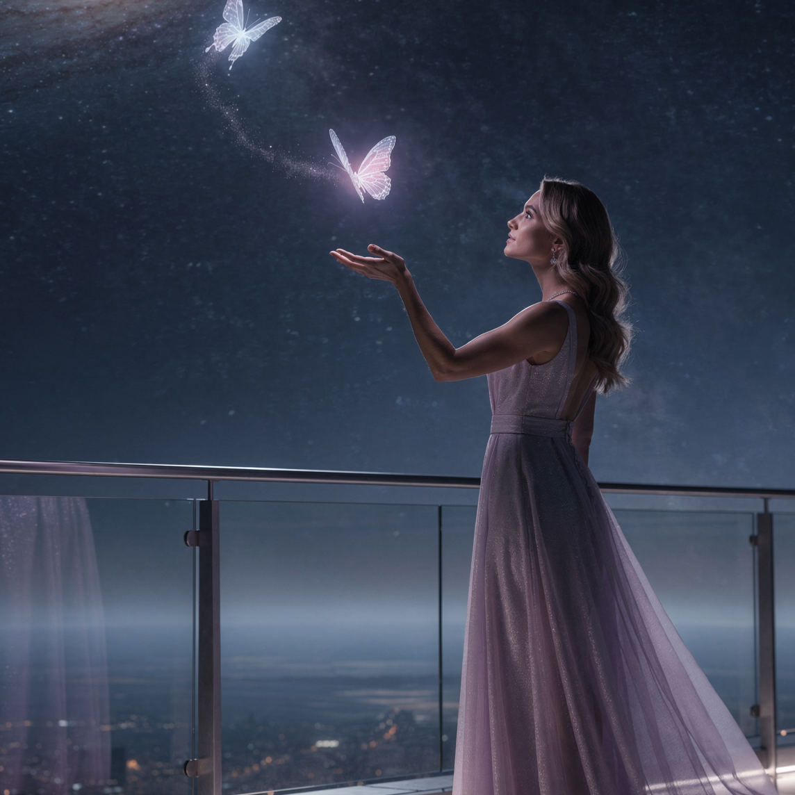 A person in a flowing gown stands on a balcony at night, reaching toward two glowing butterflies against a starry sky.