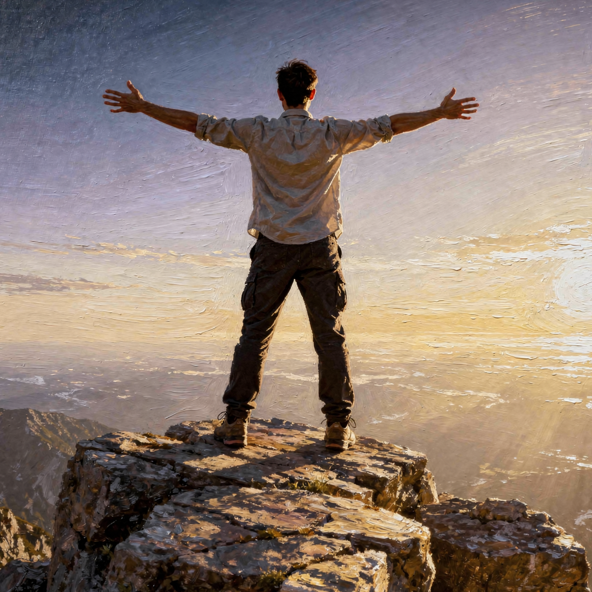 A person stands on a rocky mountain peak with arms outstretched, overlooking a vast landscape at sunset.