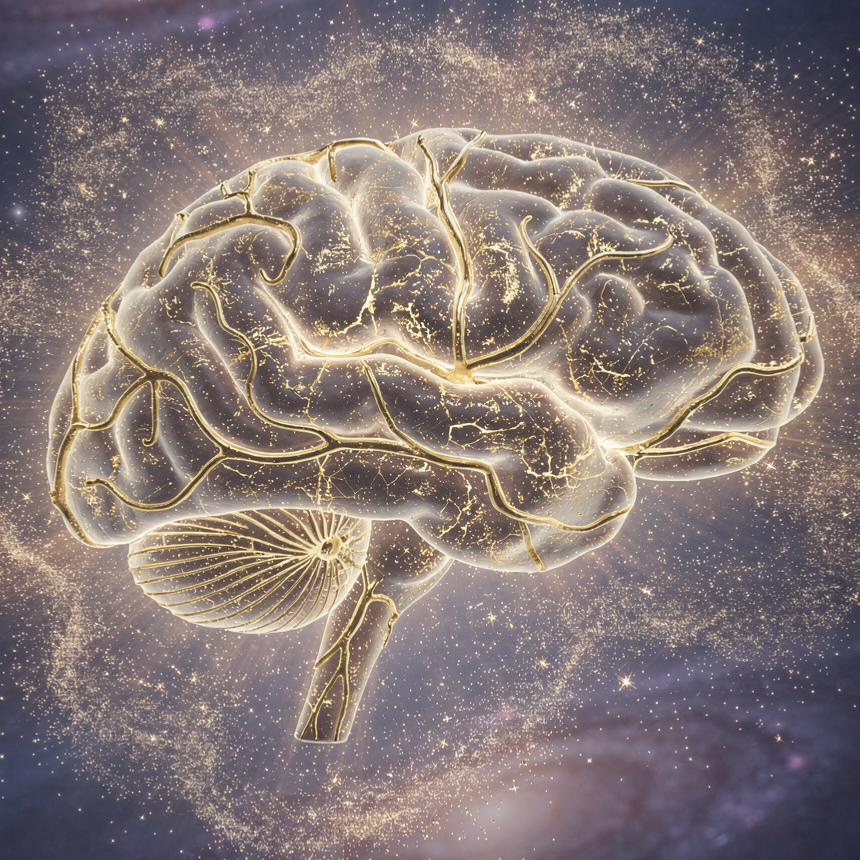 A glowing, translucent human brain overlaid with golden neural pathways, set against a dark, starry cosmic background.