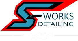 Blue, black, and red S Works Detailing logo with stylized S and text