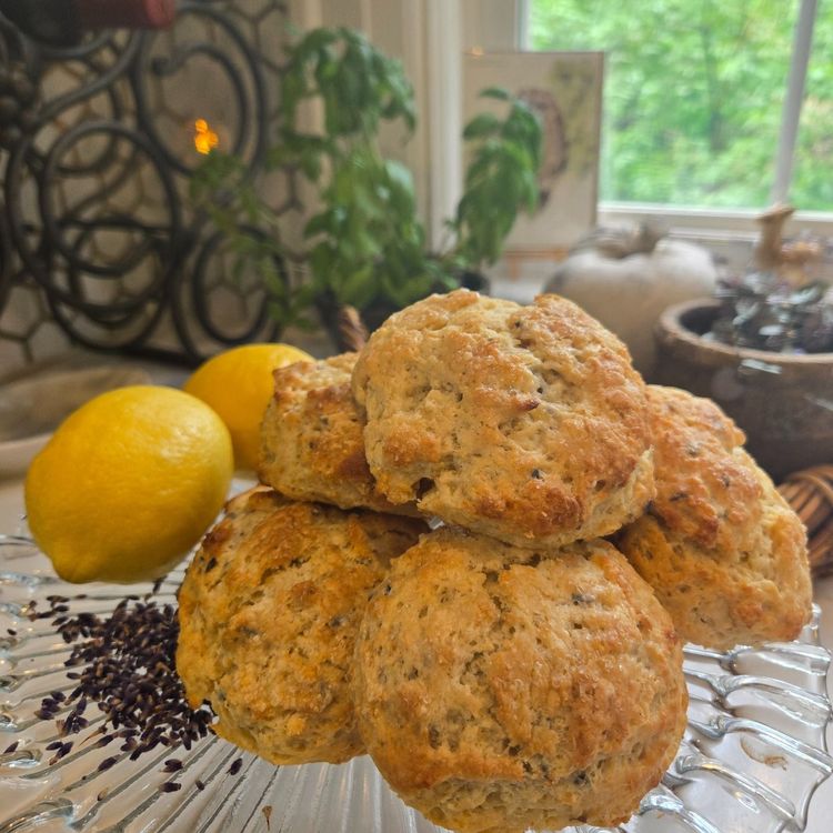 Plate of golden biscuits with lemons on a glass dish by a window