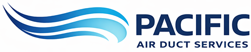 Pacific Air Duct Services logo with blue wave graphic and navy text on white background