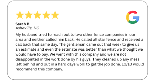 Google review by Sarah B. praising a fence company, noting quick response, good estimate, and excellent work.