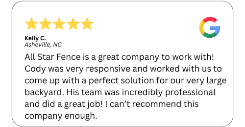 Google review for All Star Fence: five stars, positive feedback about Cody's responsiveness, backyard solution