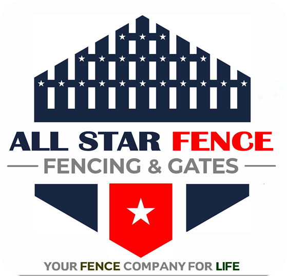 Logo for All Star Fence. Dark blue and red emblem with stars. 