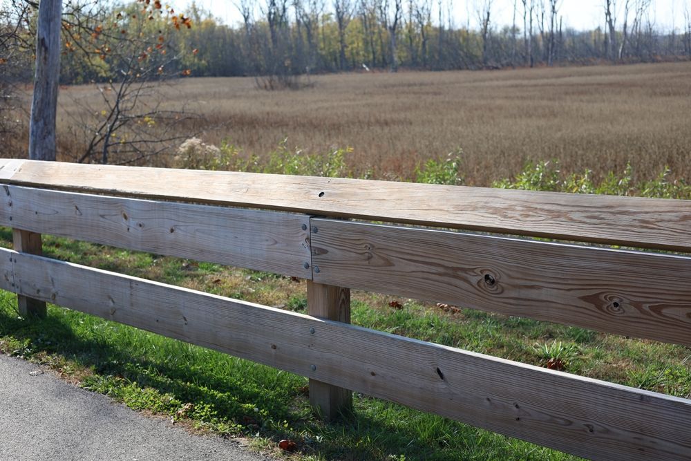 Wooden fence bordering a grassy area and field of plants; trees in the background under a blue sky.