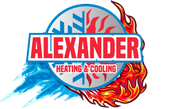 ALEXANDER Heating & Cooling logo with blue snowflake and red flame graphics
