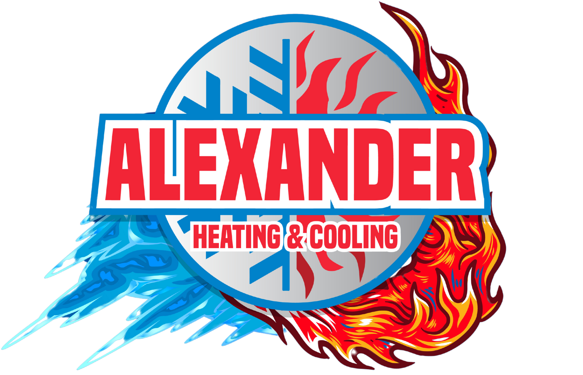 ALEXANDER Heating & Cooling logo with blue snowflake and red flame graphics