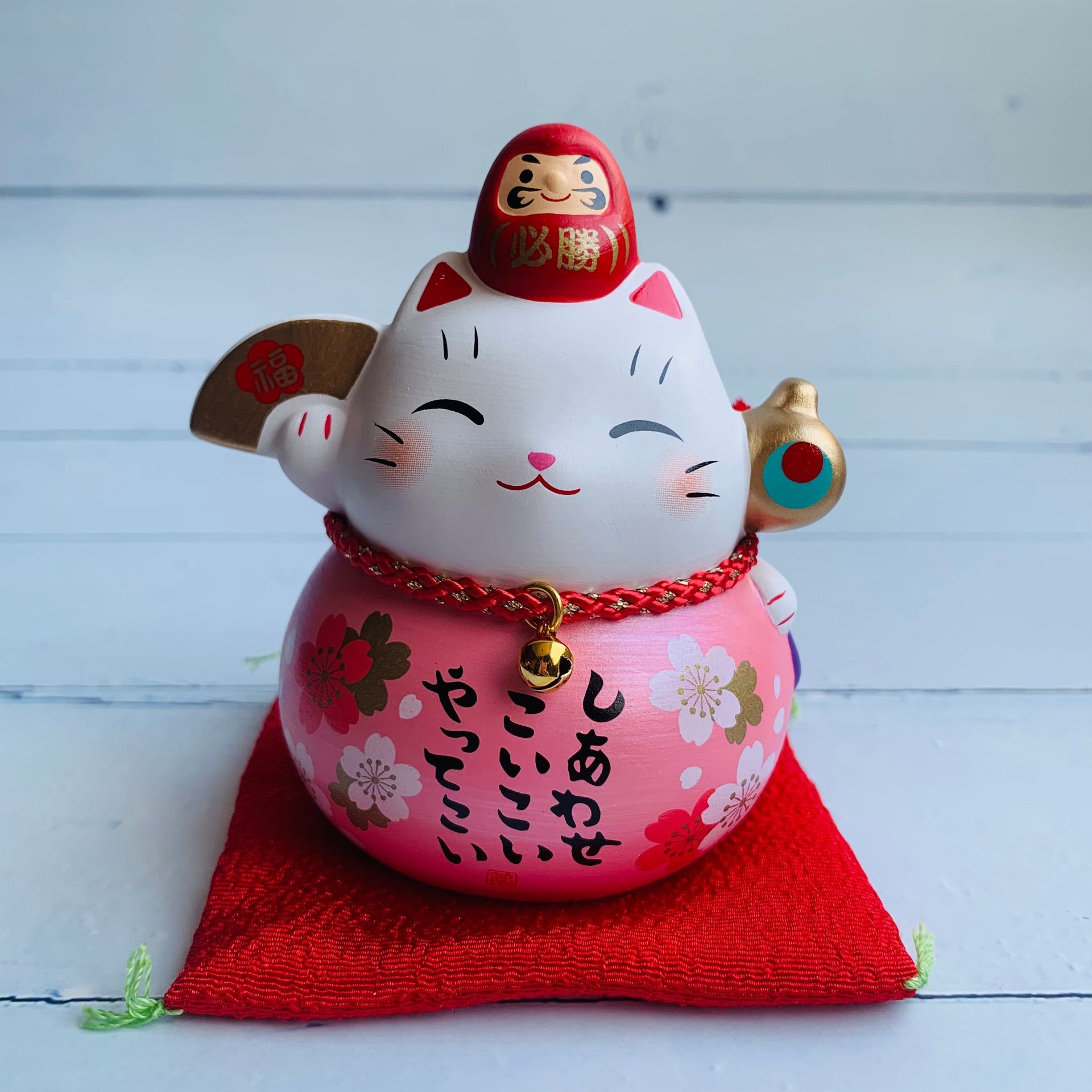 彩耀必勝達摩與招財貓(幸福/福氣/粉櫻花/扇/福槌-小-日本吉祥物）
